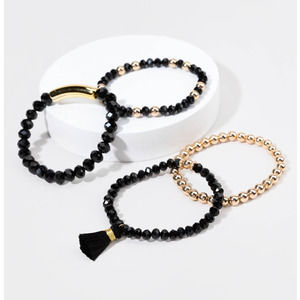 Francesca's Glass Beaded Tassel Bracelet‎ Set Black Gold